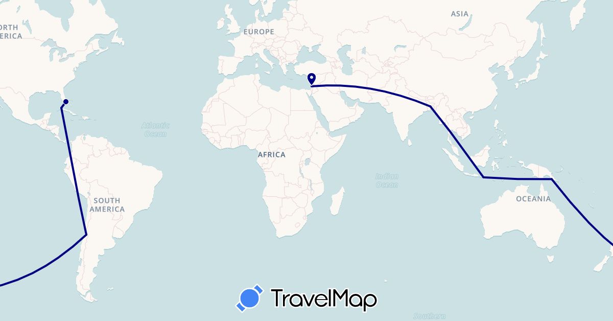 TravelMap itinerary: driving in Bangladesh, Chile, Cuba, Indonesia, Israel, Papua New Guinea, United States (Asia, North America, Oceania, South America)